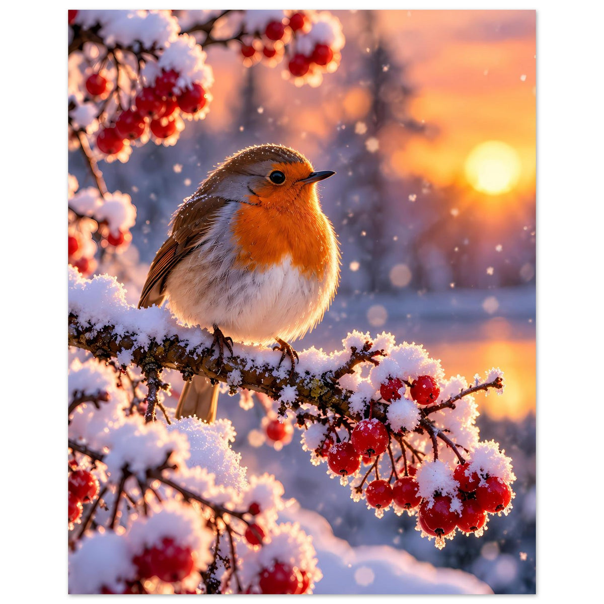 Wandposter mit Rotkehlchen zwischen schneebedeckten Zweigen und roten Beeren