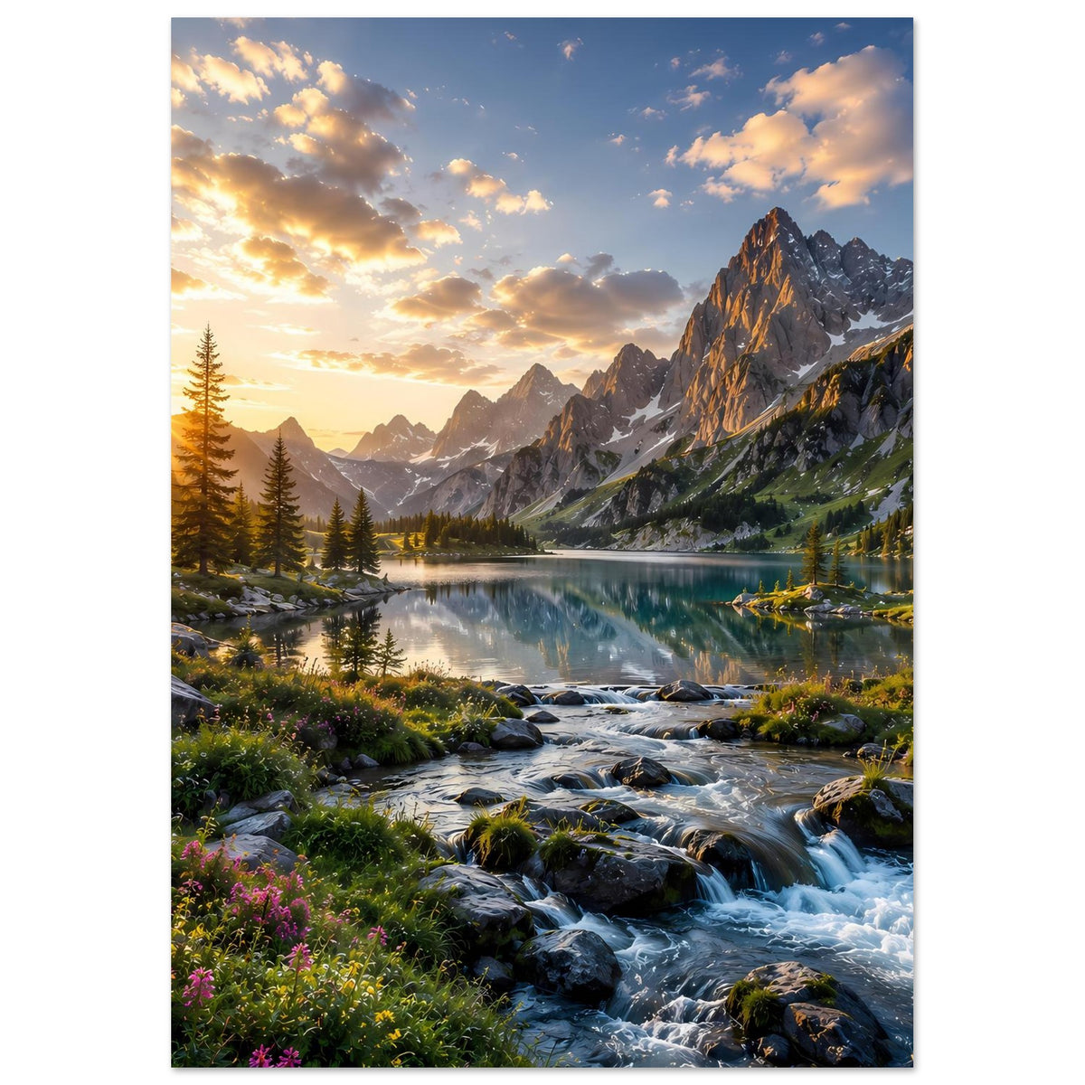 Vertikal-Poster: Berge im Abend-/Morgenlicht, spiegelnder See und fließender Bach