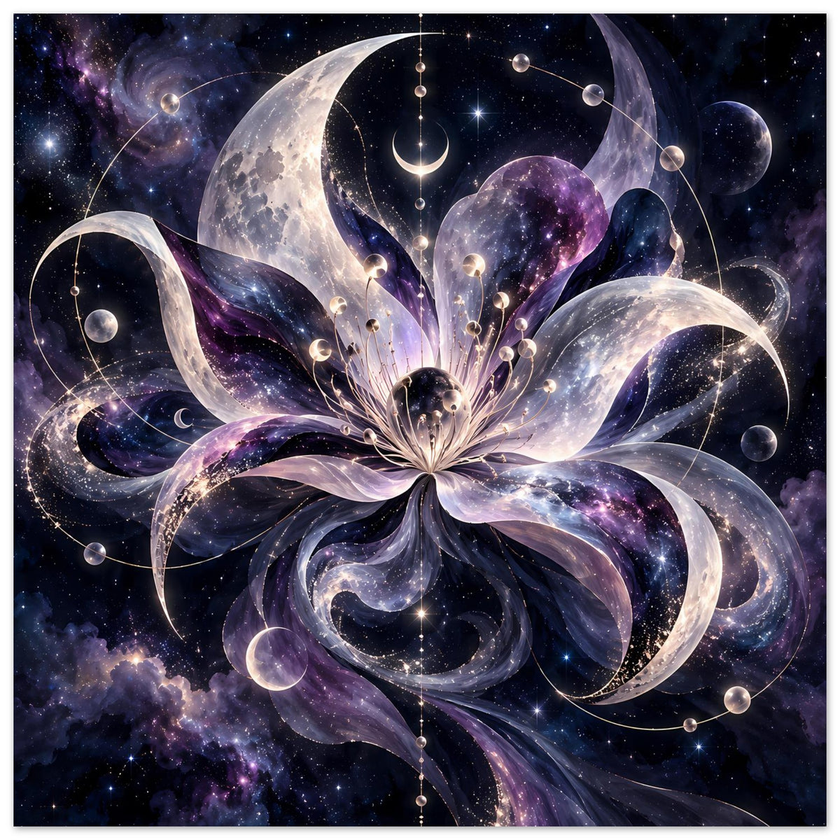 Kosmische Blüte mit Monden, Planeten und Sternen in violett-blauem Weltraum – Motivansicht 47