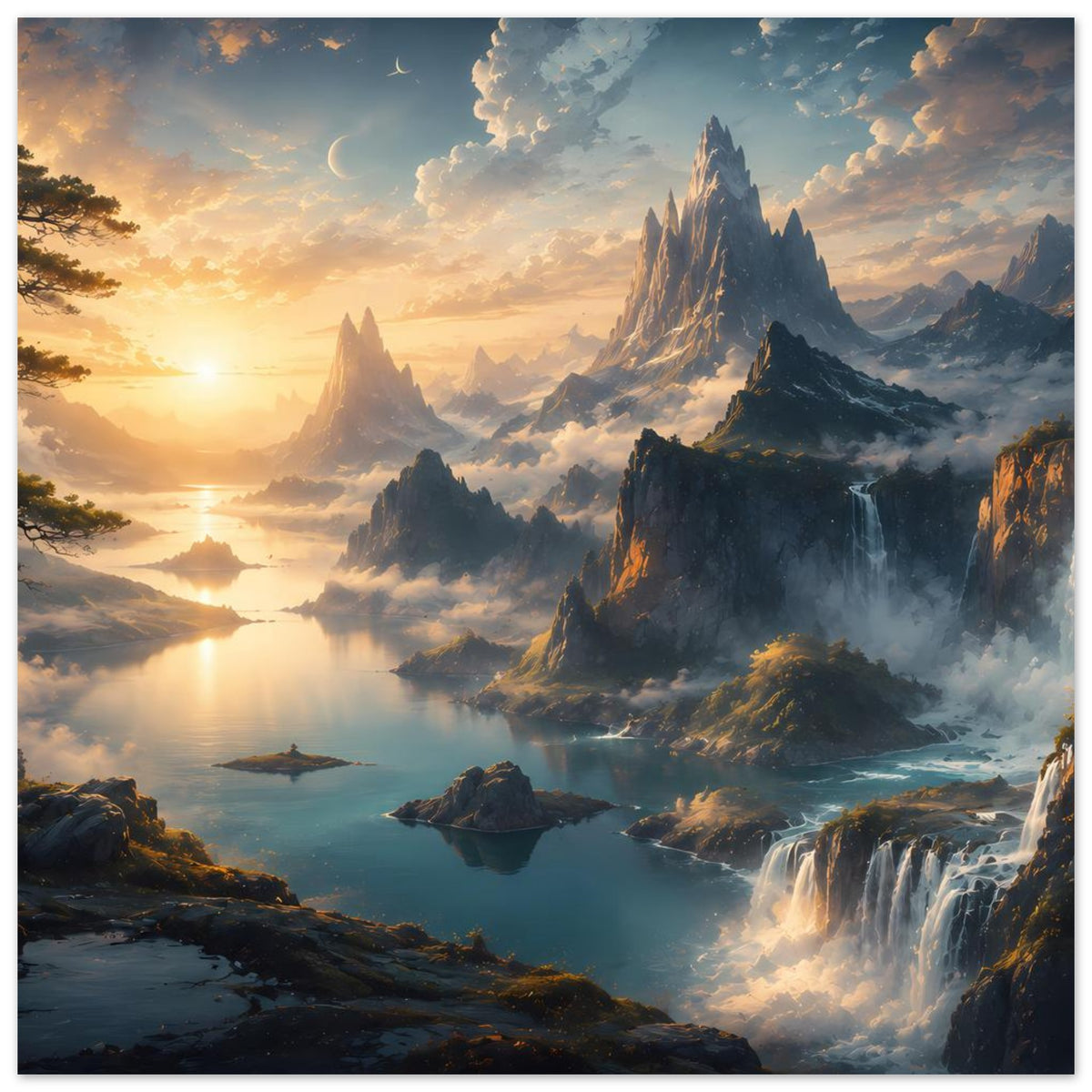 Vertikales Poster mit Berglandschaft, See und Wasserfällen bei goldenem Sonnenaufgang