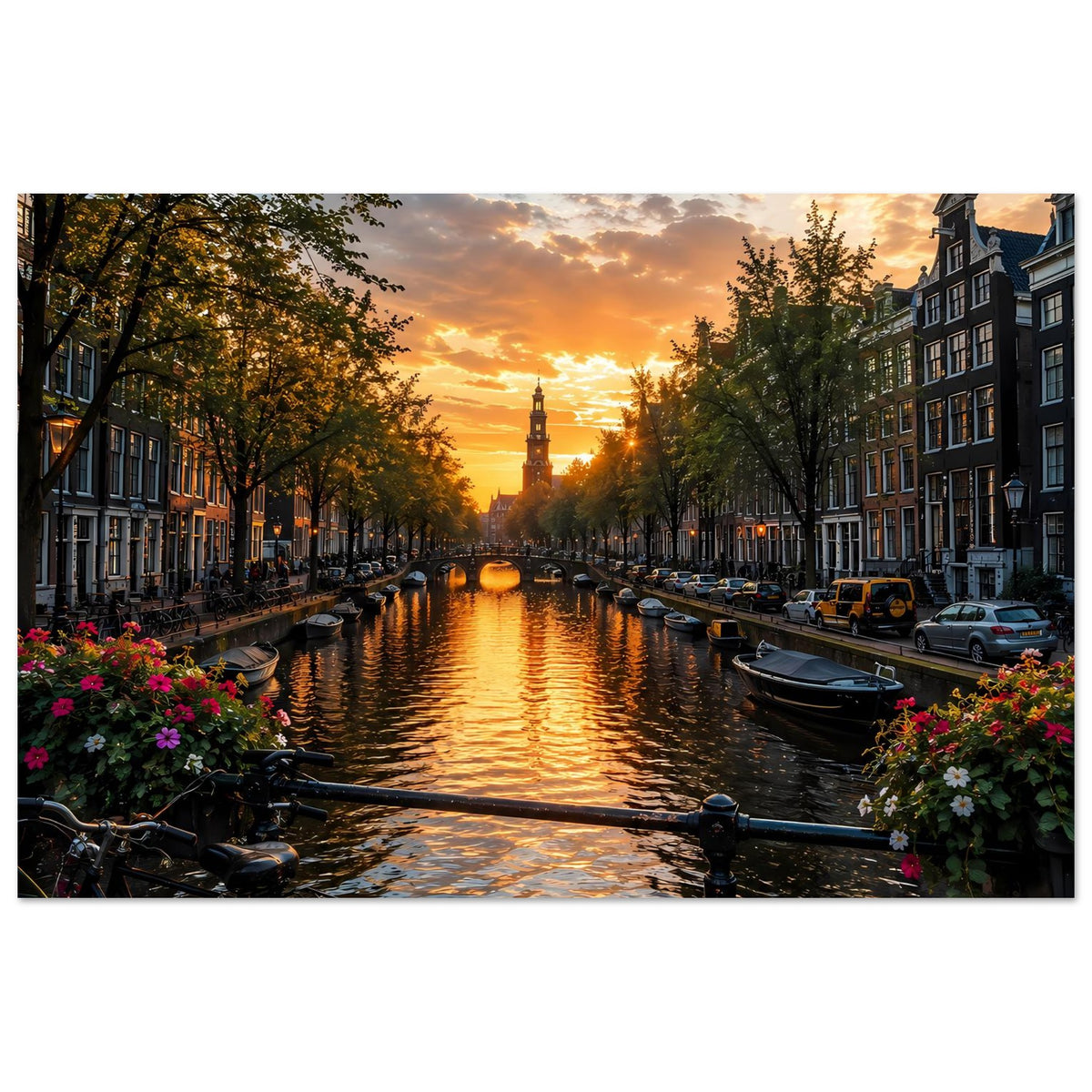 Poster vom Amsterdamer Kanal bei Sonnenuntergang, Gebäude, Boote und Uferpflanzen