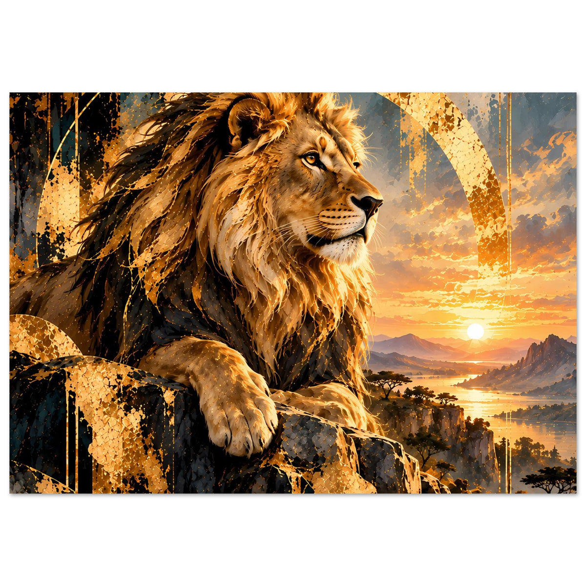 Löwenkopf-Sonnenuntergangs-Poster mit Mähne, Löwe auf Felsen und orangefarbener Abendsonne