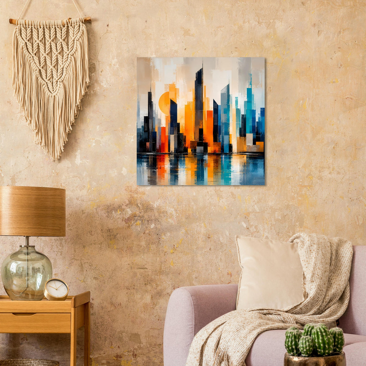 Stadtposter mit abstrakter Skyline in Orange, Türkis und Dunkelblau auf Leinwand-Optik.