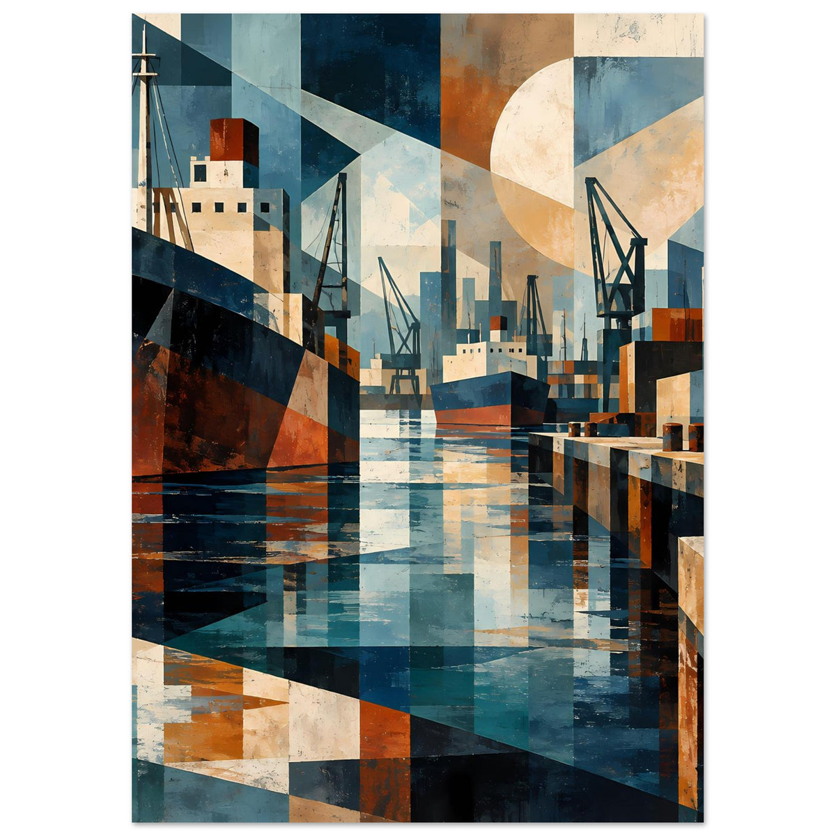 Hochformatiges geometrisches Hafenmotiv-Poster: Schiffe, Kräne und Wasserflächen in Blau