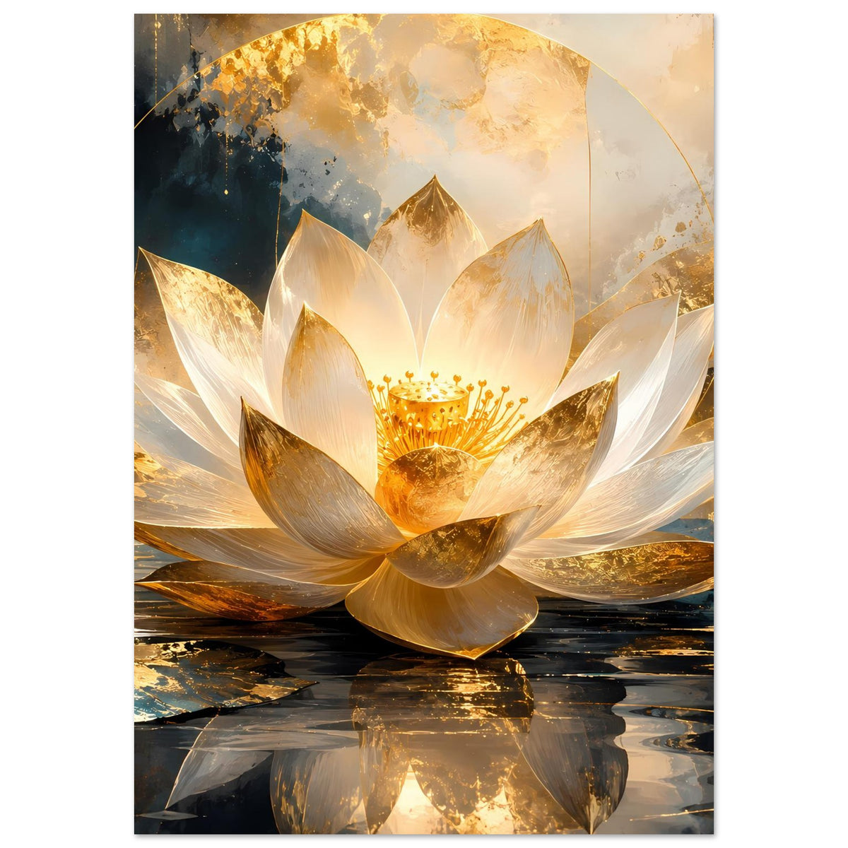 Lotusblüten-Kunstposter mit großen gold-weißen Blütenblättern und goldener Spiegelung
