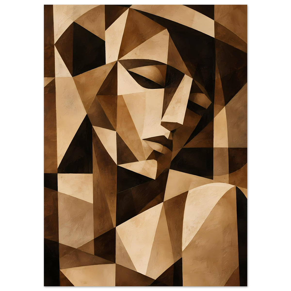 Kubistisches Kunstposter mit stilisiertem Gesicht und Blockformen in Braun/Beige