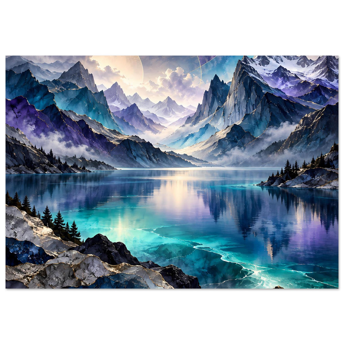 Horizontales Bergsee-Poster mit Bergketten, Seeuferfelsen und türkis schimmernder Strömung