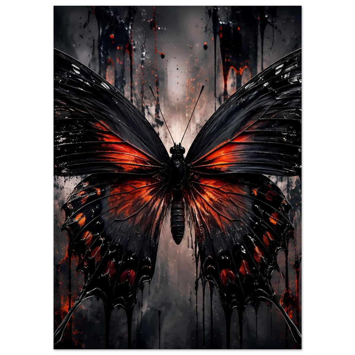 Vertikales Poster mit schwarzem Schmetterling in Flammenoptik, zentrale Flügelpartie, dunkler Hintergrund