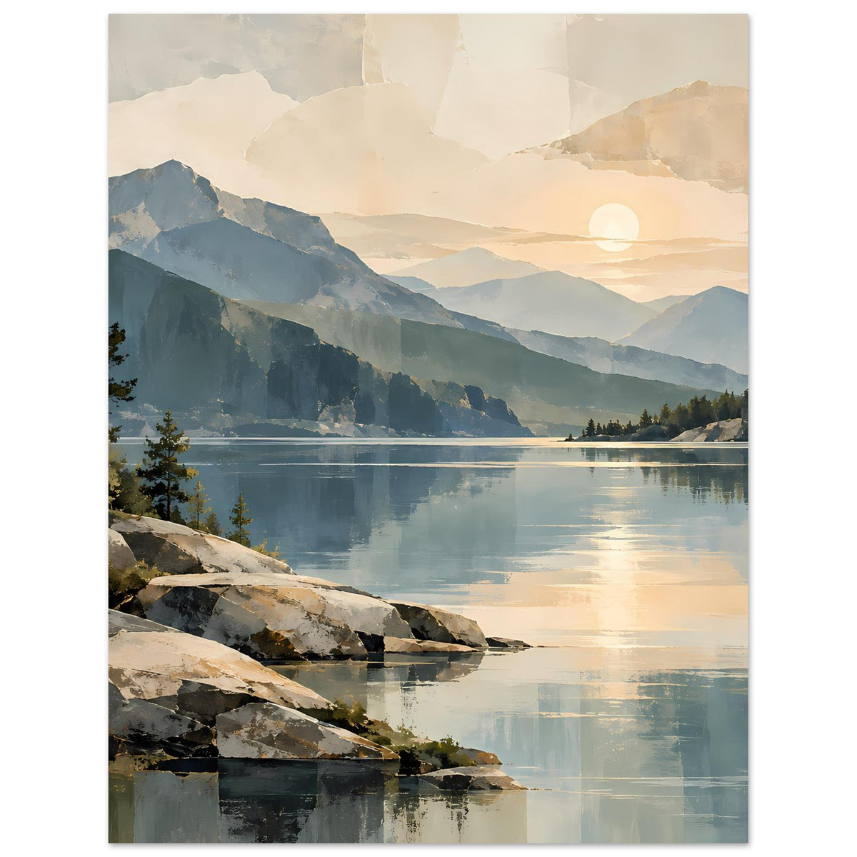 Vertikales Landschaftsposter mit felsigem Ufer, Bergsee und sanfter Morgensonne