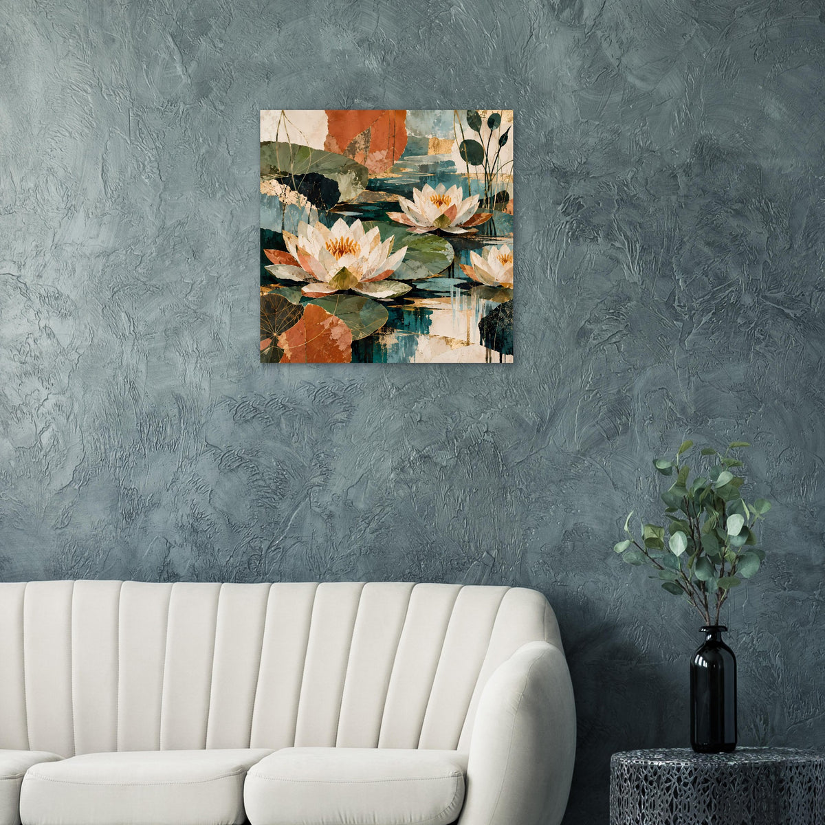 Quadratisches botanisches Poster mit Seerosen und Wasseroptik, in Blau/Orange