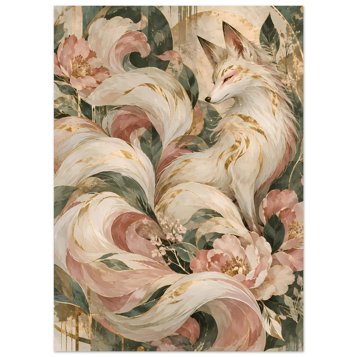 Vertikales Poster mit Fuchs und Blumen in Rosé, Grün und Gold