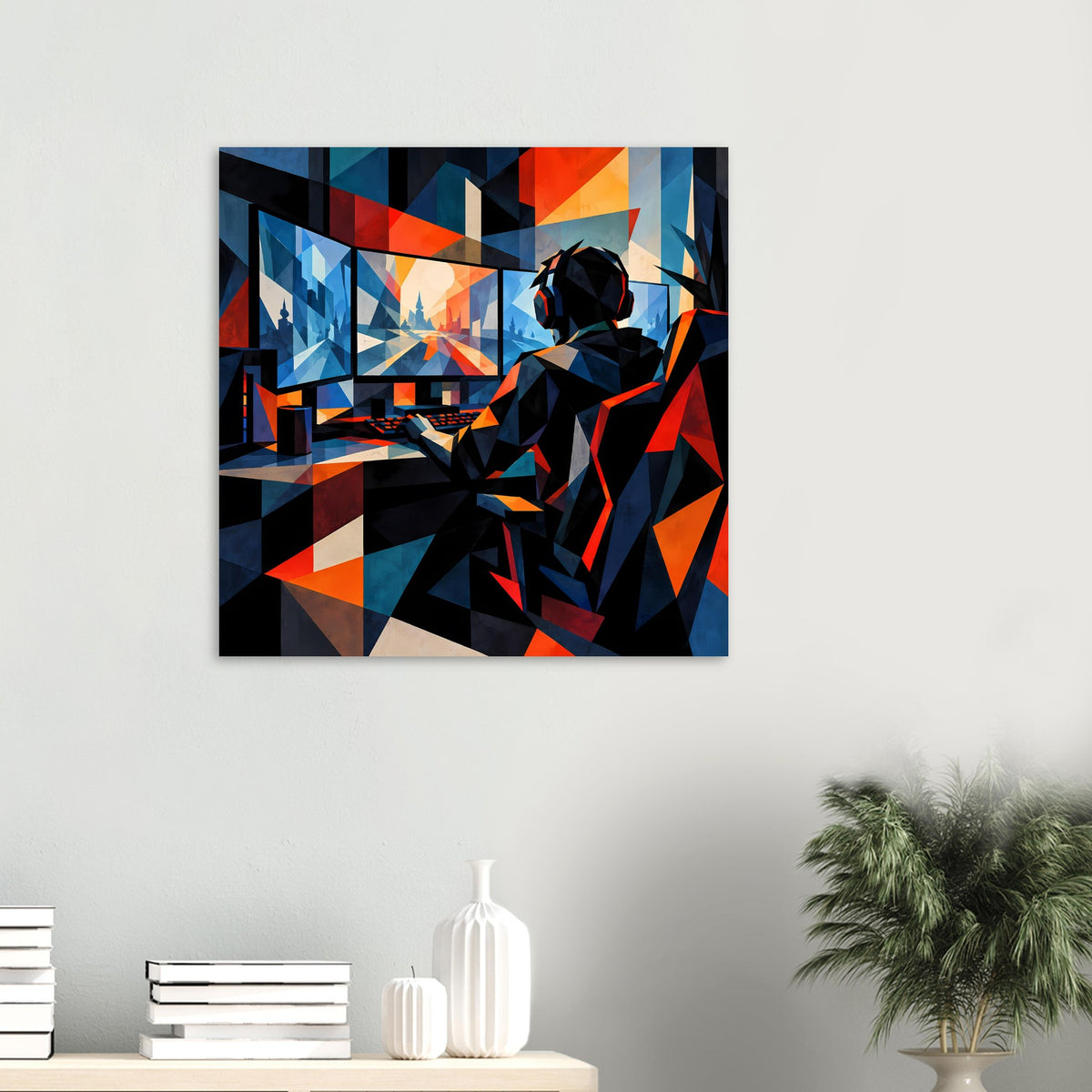Quadratisches Gaming-Poster: abstrakte Figur mit Headset vor Monitor, Blau-Orange Geometrie