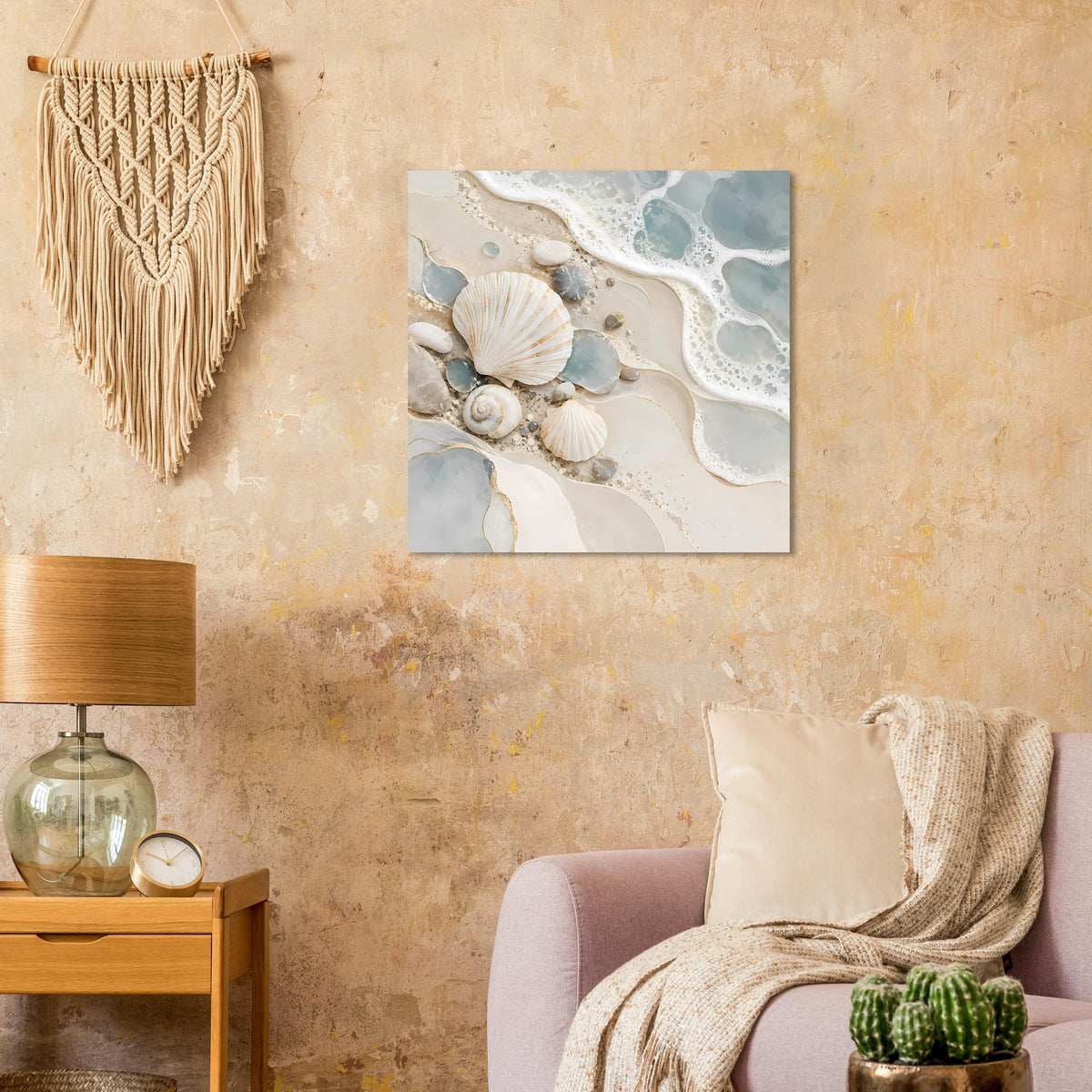Wandposter mit Muscheln, Schaum- und Wasserwirbeln in Beige und Blau