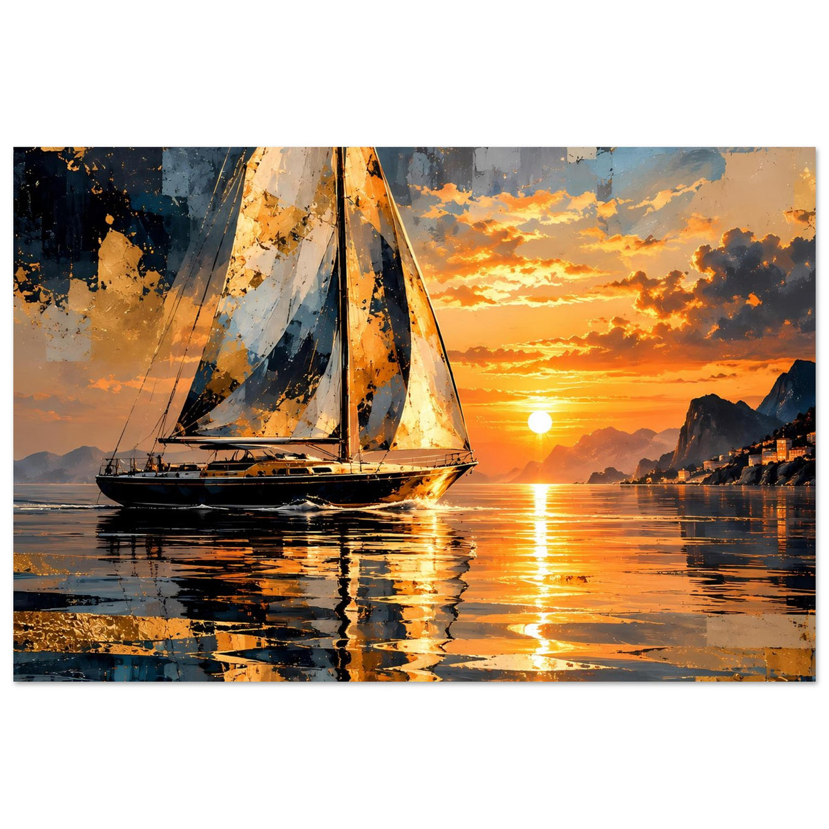 Poster im Querformat mit Segelboot, orangefarbenem Himmel und Spiegelung auf Wasser