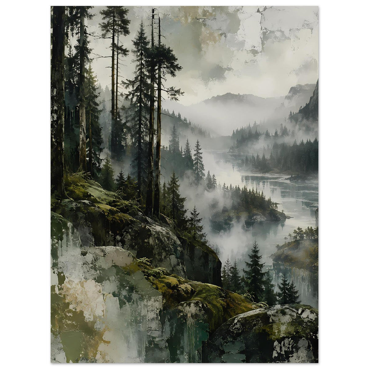 Vertikales Poster mit Waldlandschaft: dunkle Nadelbäume, Nebel, Flusslauf