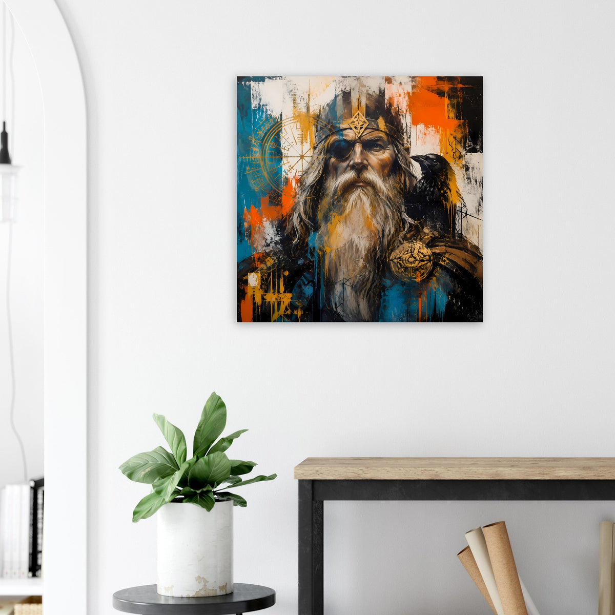 Poster mit Bart-Wikingerkopf, Rabe auf Schulter, Augenklappe, abstrakter Hintergrund