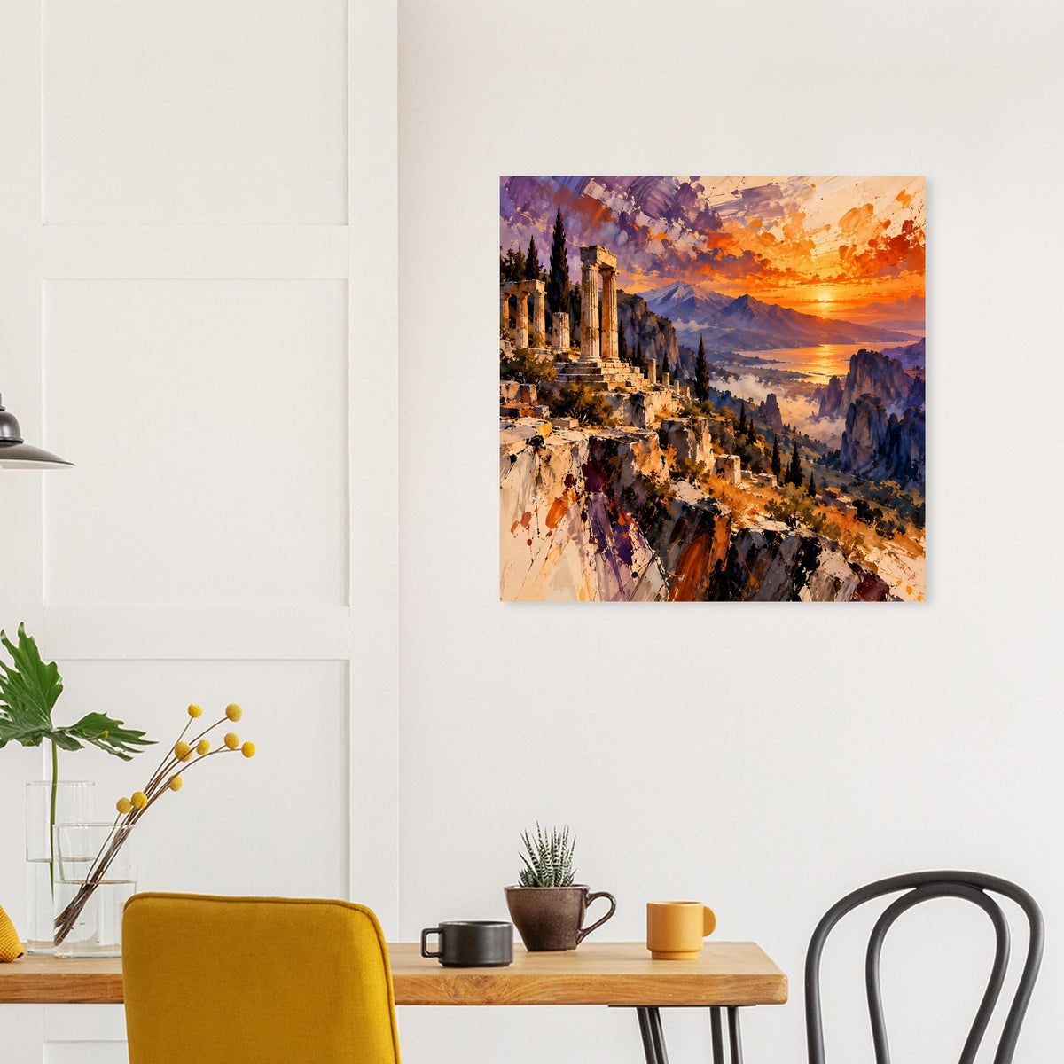 Matte Poster mit Sonnenuntergang über antiker Ruinenlandschaft in kräftigen Farbtönen.