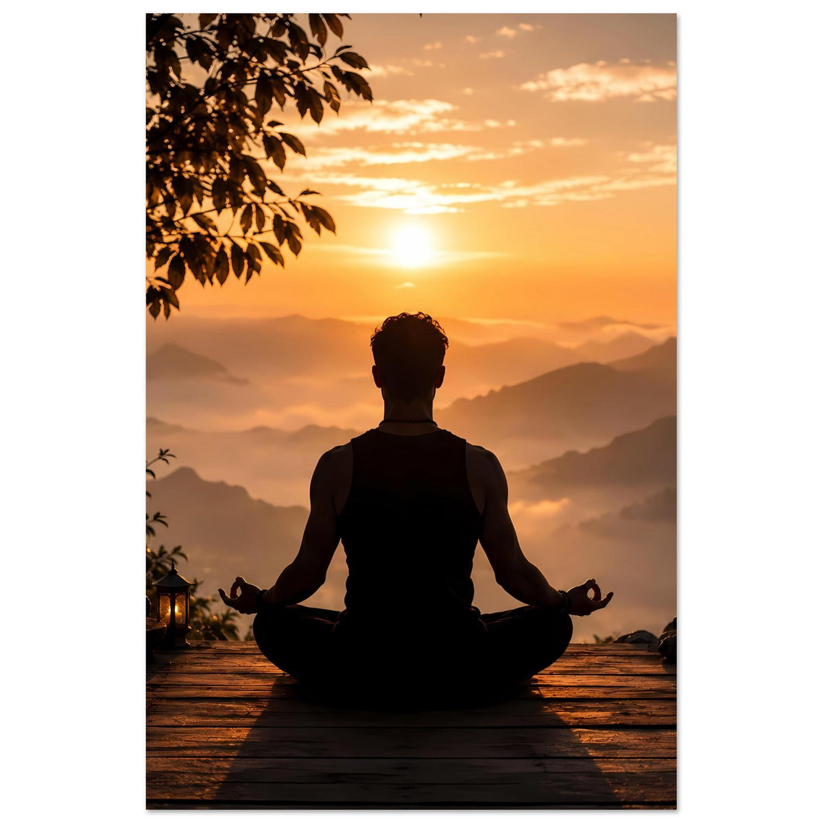 Meditationsposter mit Rückenansicht einer sitzenden Person, Sonnenaufgang über Bergen und Holzsteg