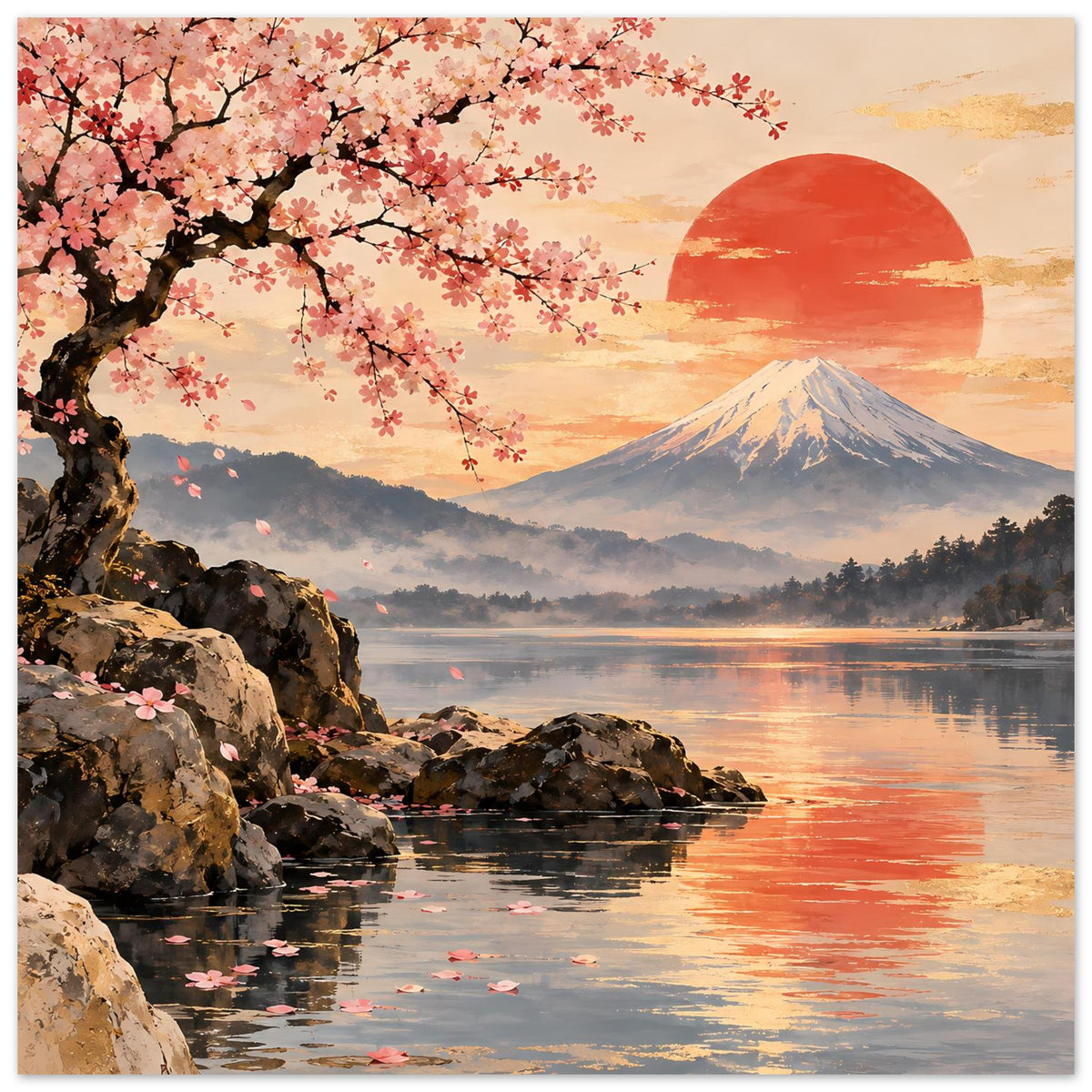 Poster im Quadrat-/Querformat: Kirschblütenzweig, Fuji, rote Sonne, See mit Spiegelung