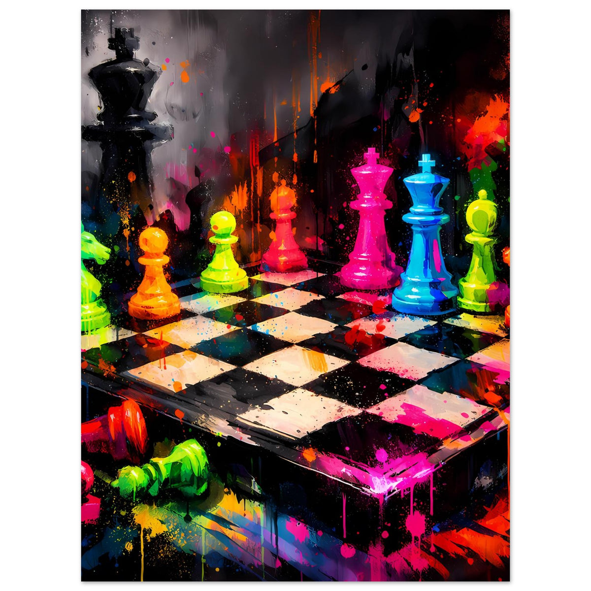Abstraktes Schachspiel-Poster mit bunten Neon-Schachfiguren auf schwarz-weißer Schachbrettfläche