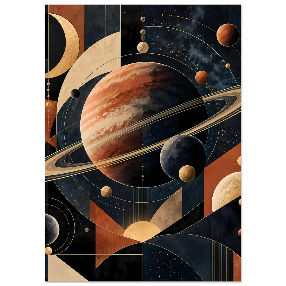 Vertikales Weltraum-Poster mit orangefarbenem Planeten, dunklen Kugeln und geometrischen Bahnen