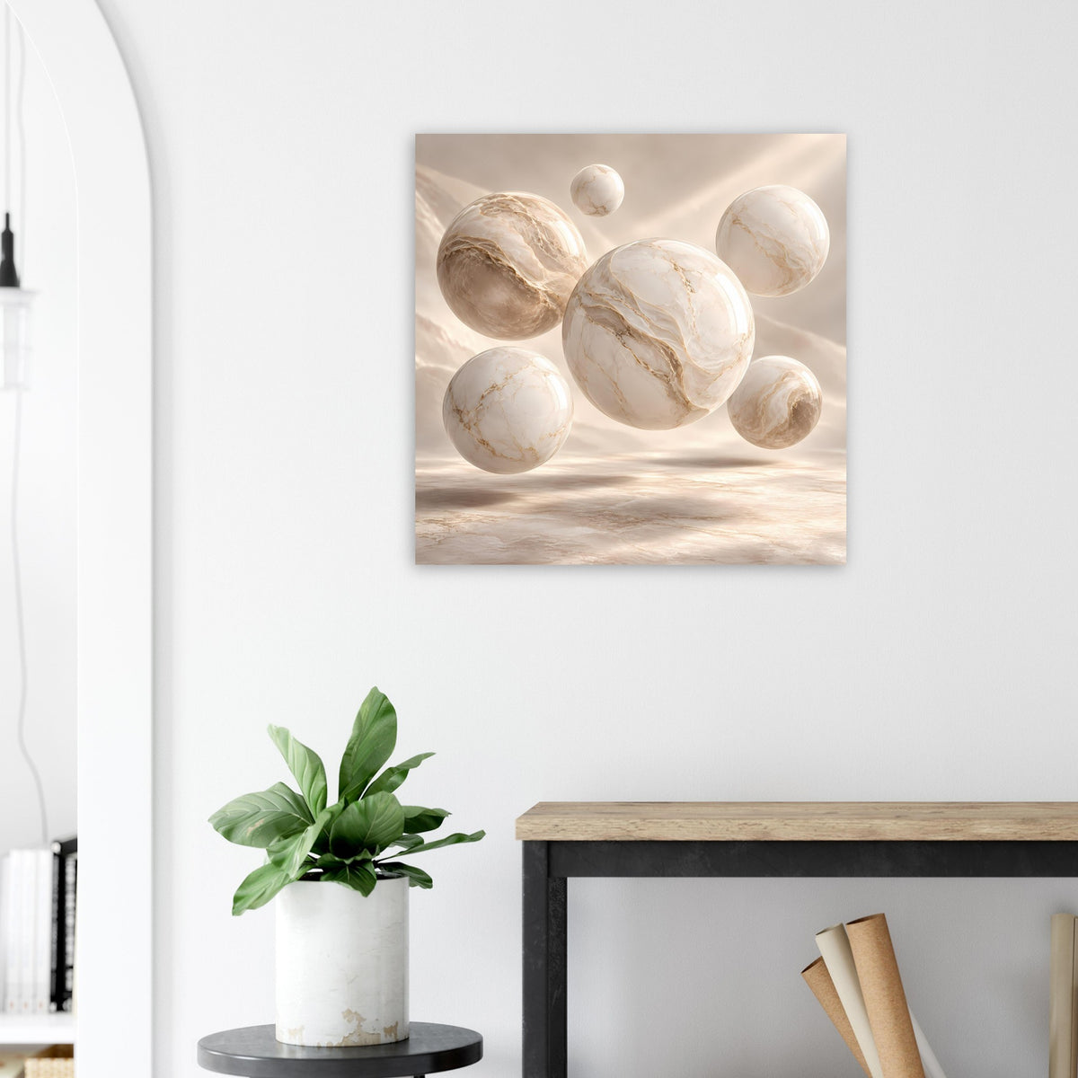 Quadratisches Poster mit Marmor-Kugeln in Creme, Beige und Weiß