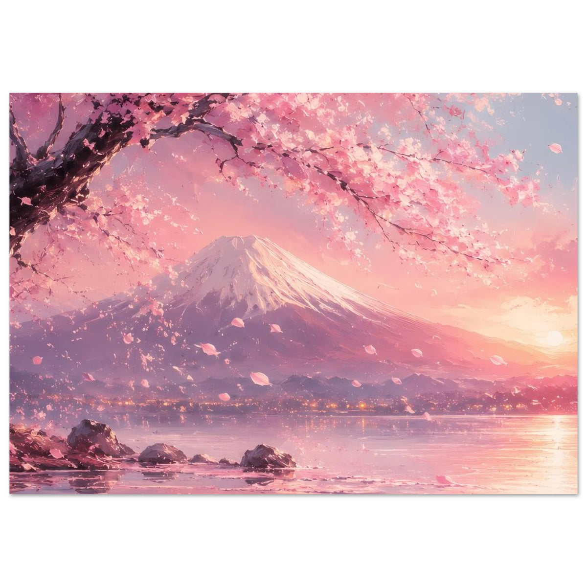 Horizontales Poster mit Fuji-Vulkan, Kirschblütenzweigen über ruhigem Meer im Abendlicht