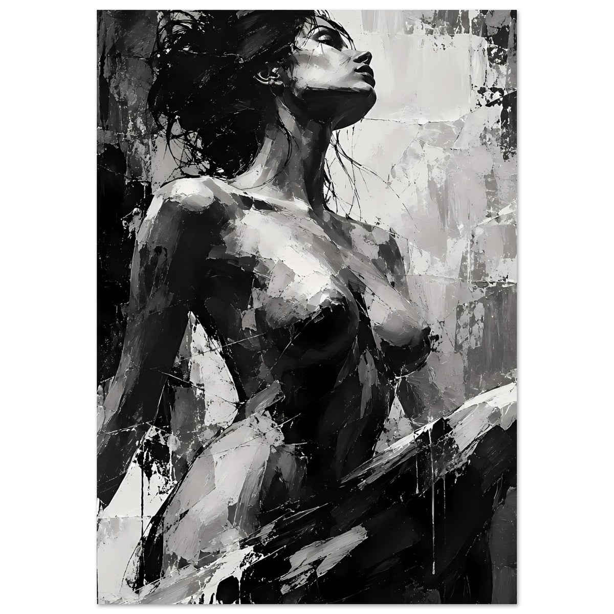 Kunstposter Frauenakt-Porträt in Schwarz-Weiß, stilisierte Figur im Halbprofil, Nahansicht