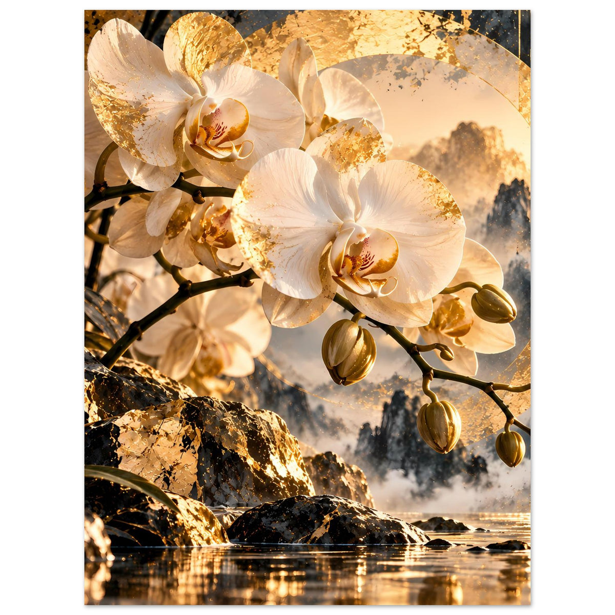 Orchideenposter mit weißen Orchideen und goldenen Knospen, Felsufer und spiegelnde Wasseroberfläche