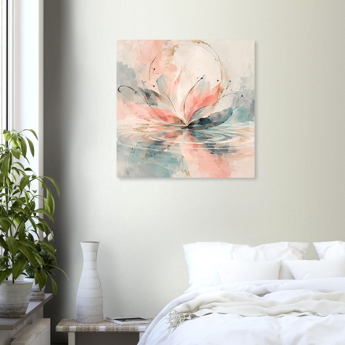 Quadratisches Florales Aquarellblüten-Poster: rosa Blüte mit bläulichen Spritzern und Spiegelung