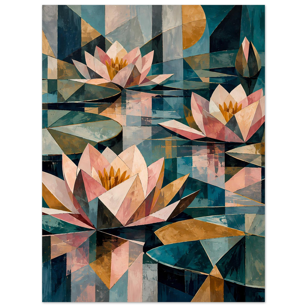Vertikales Blumenposter mit Seerosen-Mosaik aus geometrischen Formen in Pastell & Petrol