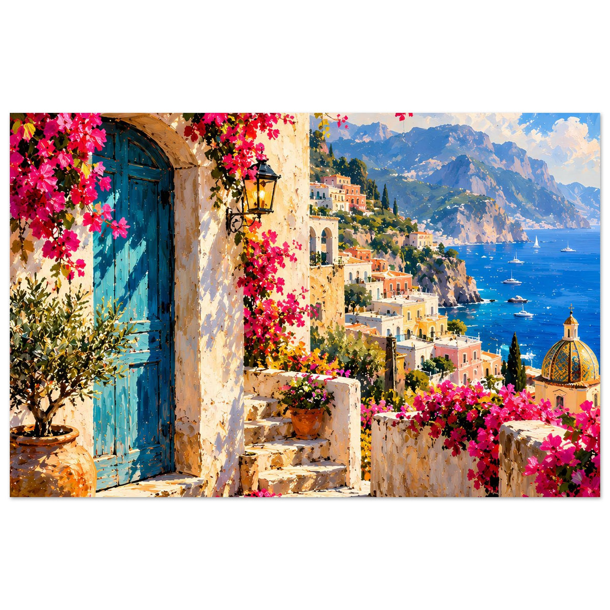 Mediterranes Poster mit blauem Torbogen, rosa Blumen, Meer und Häusern