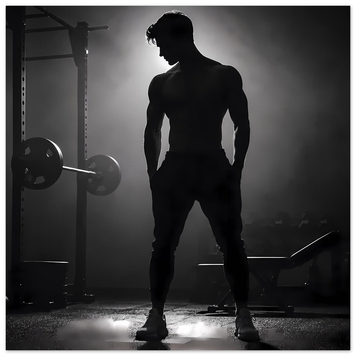 Gym-Poster: Schwarz-Weiß-Silhouette eines Mannes vor Hantelständer und Trainingsbank
