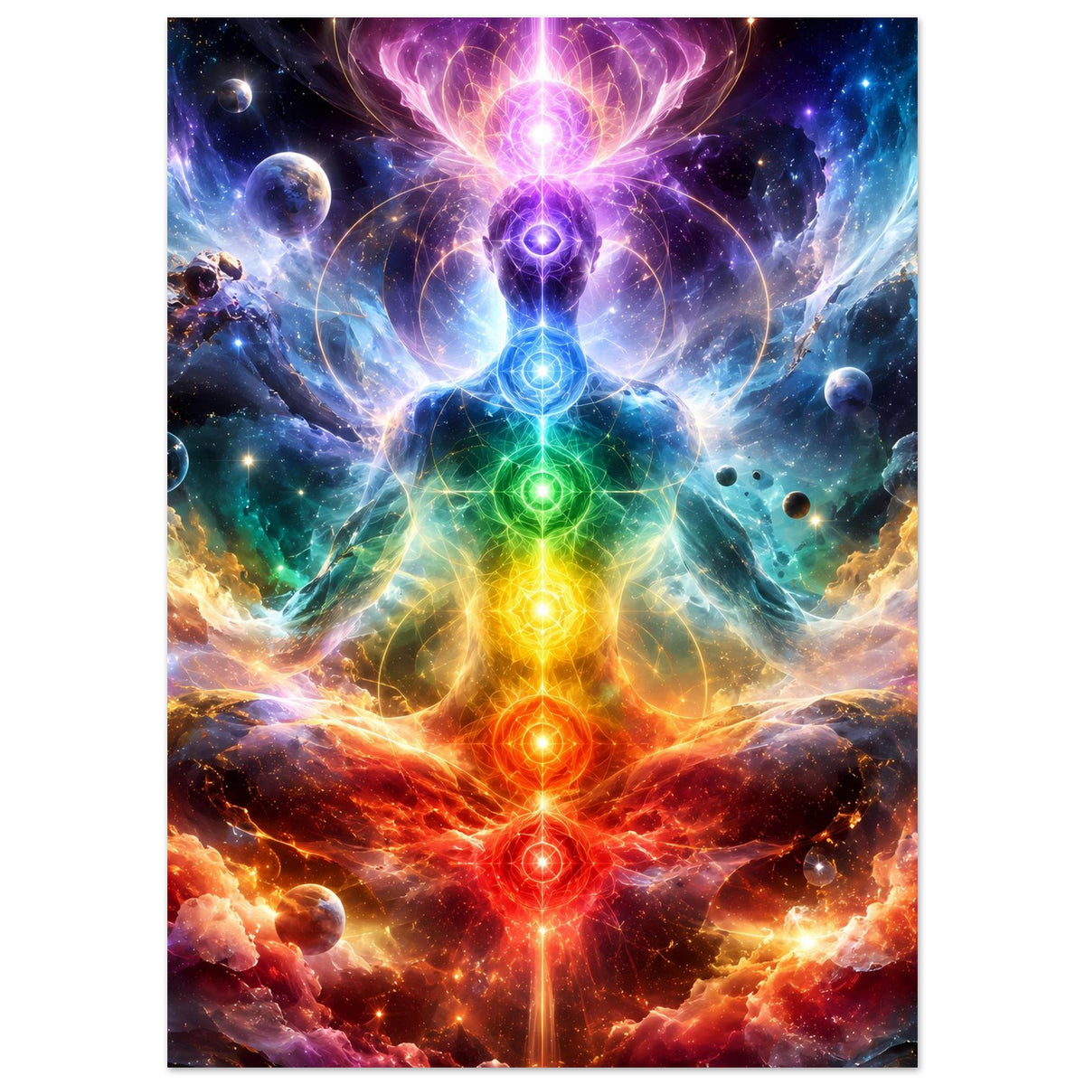 Meditationsposter mit Chakra-Lichtknoten, bunter Energiewolke und Planetenpartikeln