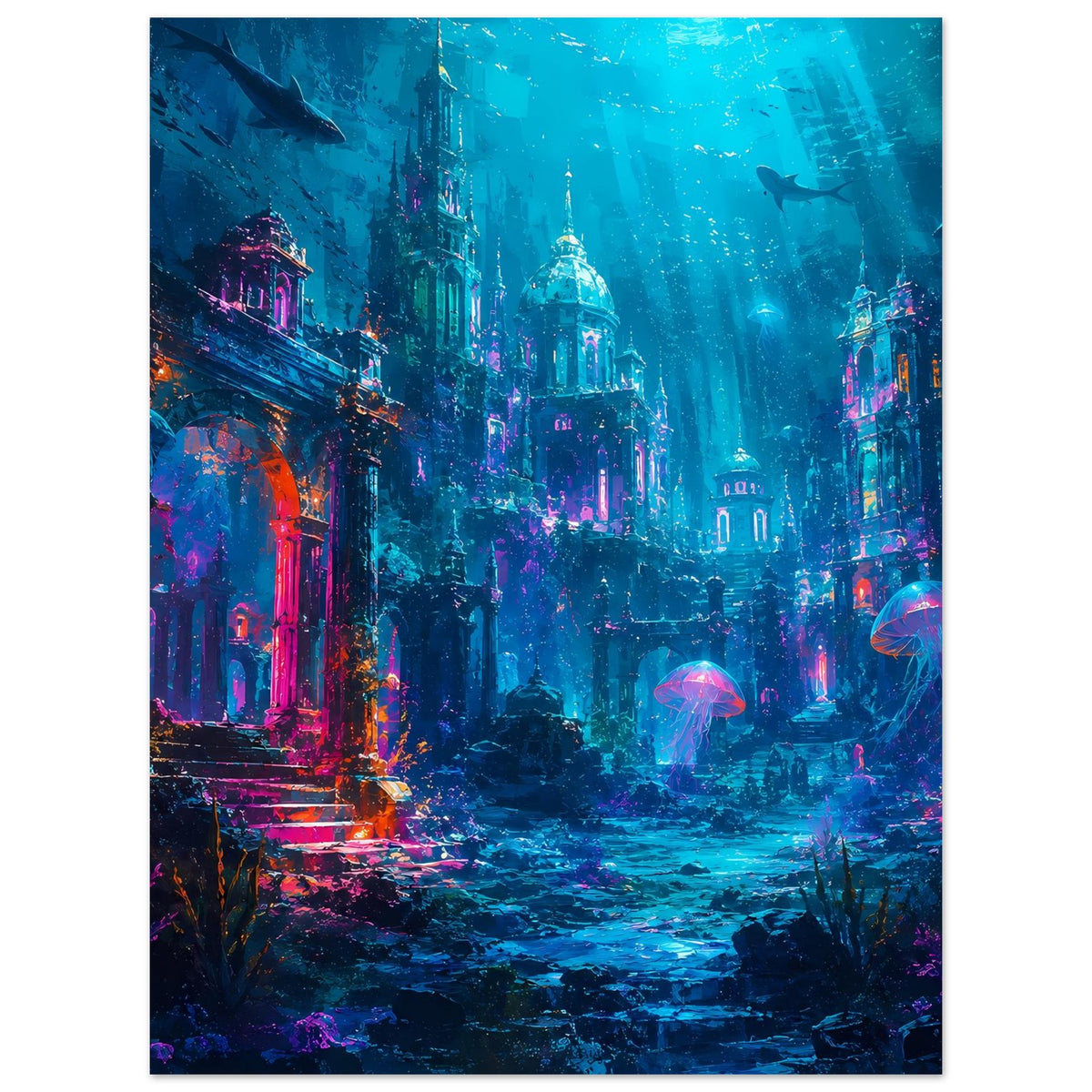 Fantasy-Unterwasserposter in Hochformat mit versunkener Stadt und leuchtenden Quallen