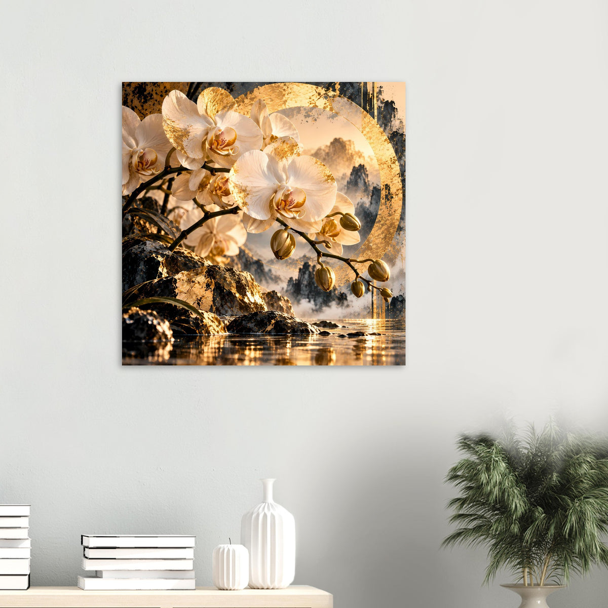Orchideenblumen-Poster im Kleinformat im Hochformat: goldene Blüten, schwarzer Ast und Wasser