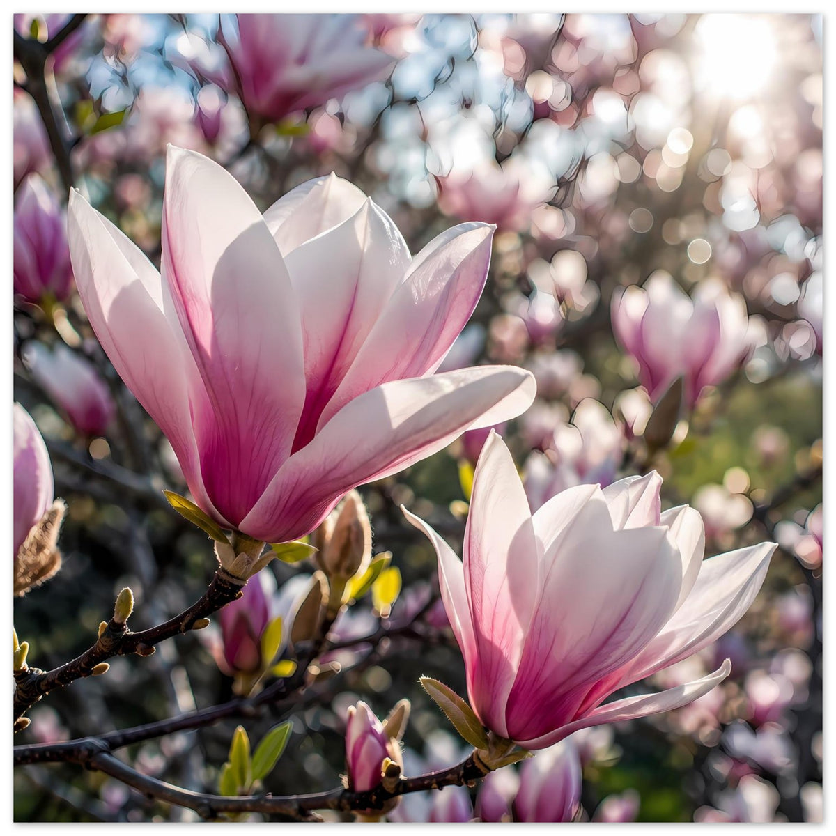 Poster mit Magnolienblüten in Hellrosa und Weiß auf dunklem Ast