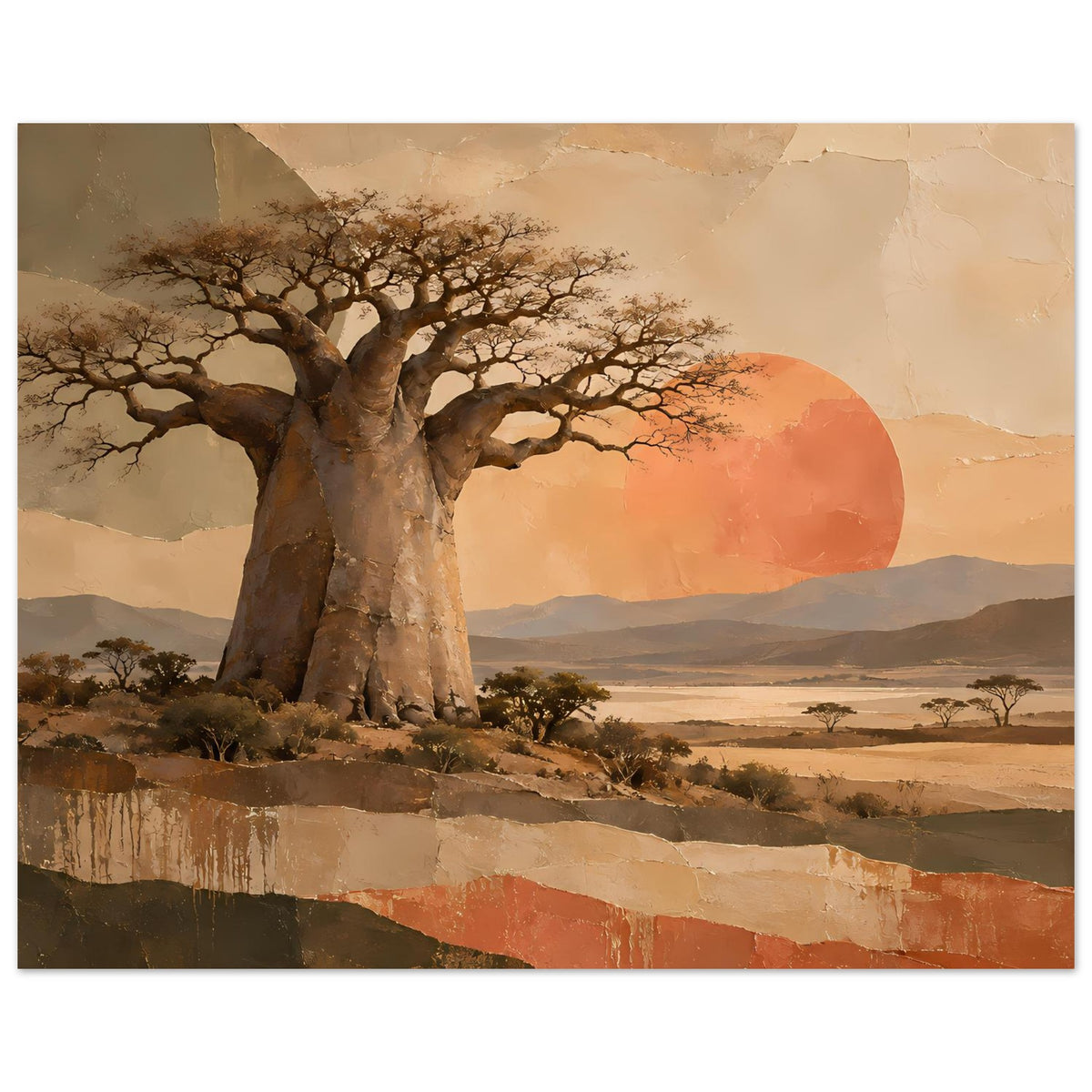 Naturposter mit Baobab-Baum, warmen Farbtönen, Sonnenkreis und weiten Landschaftsschichten.