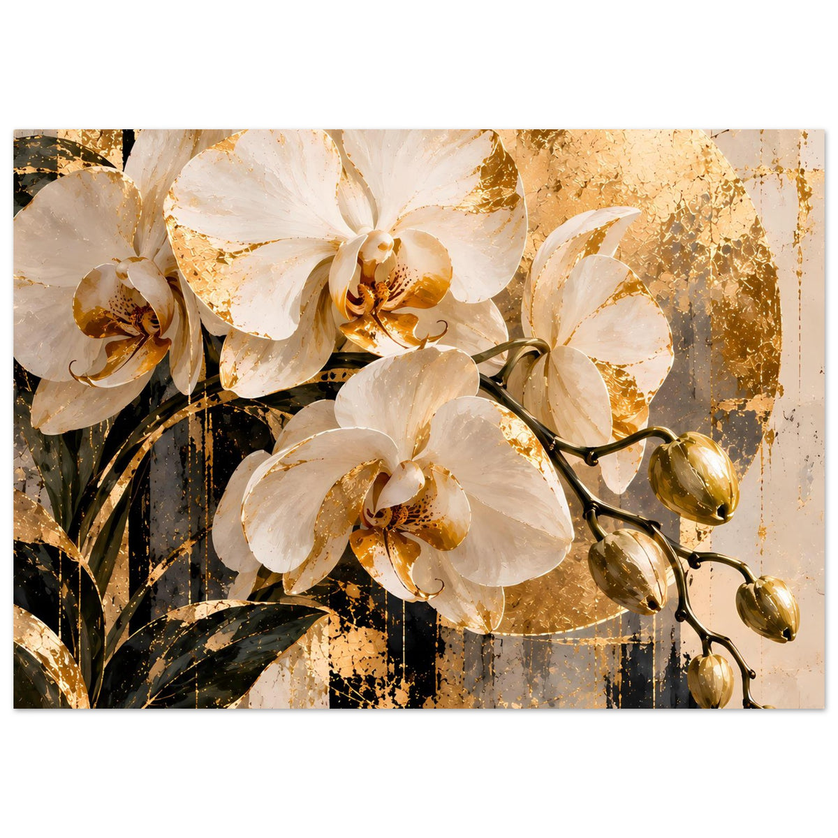 Blumenposter im Querformat: Orchideenblüten in Weiß mit goldenen Spritzern und dunklen Blattformen.