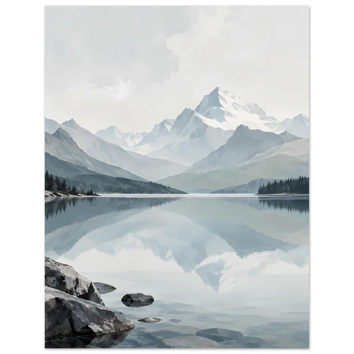 Kunstdruck: stiller Bergsee mit klarer Spiegelung der Bergspitzen, Felsen am Rand, quer