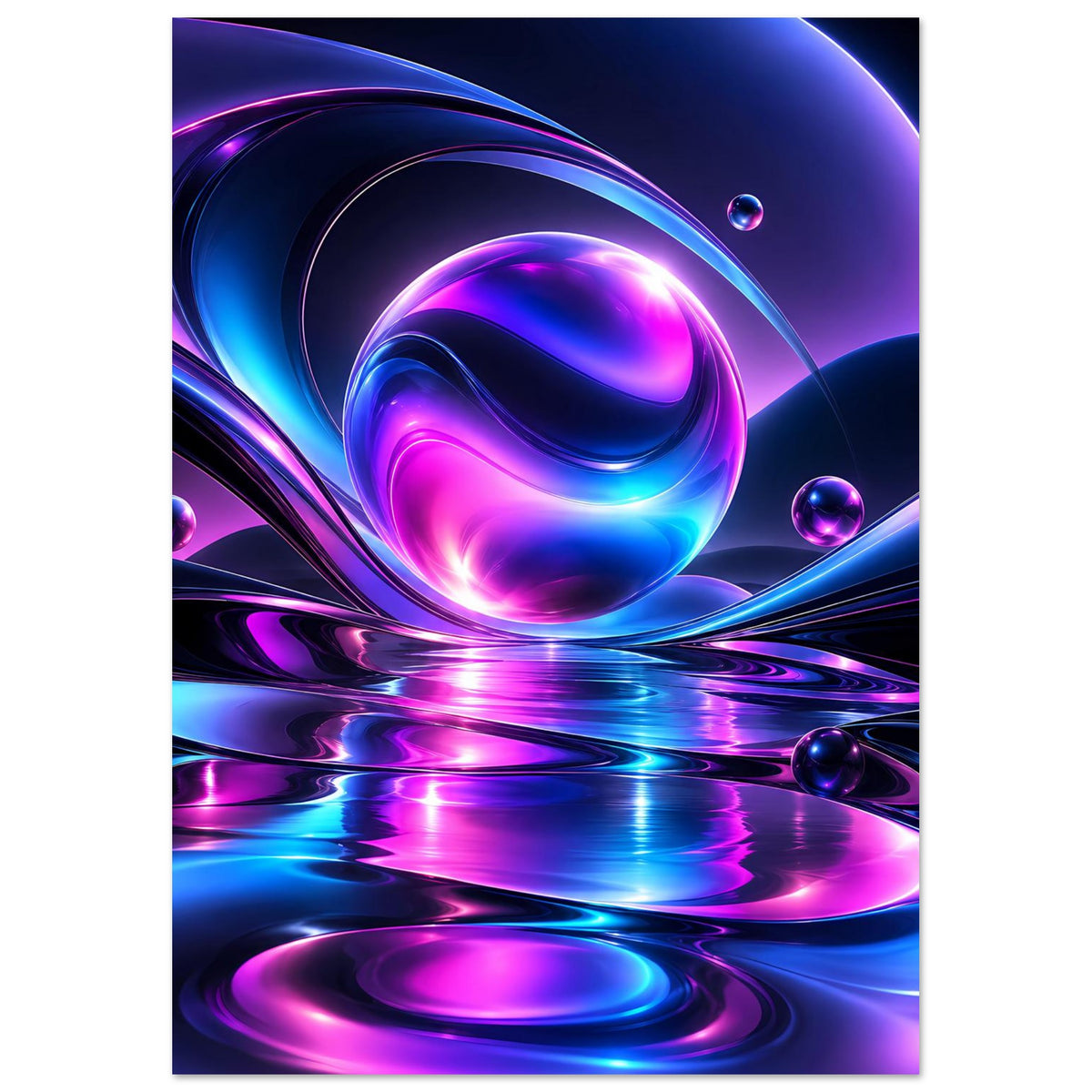 Abstraktes Neonlicht-Poster im Hochformat mit schimmernder Kugel und runden Reflexionen in Blau/Violett