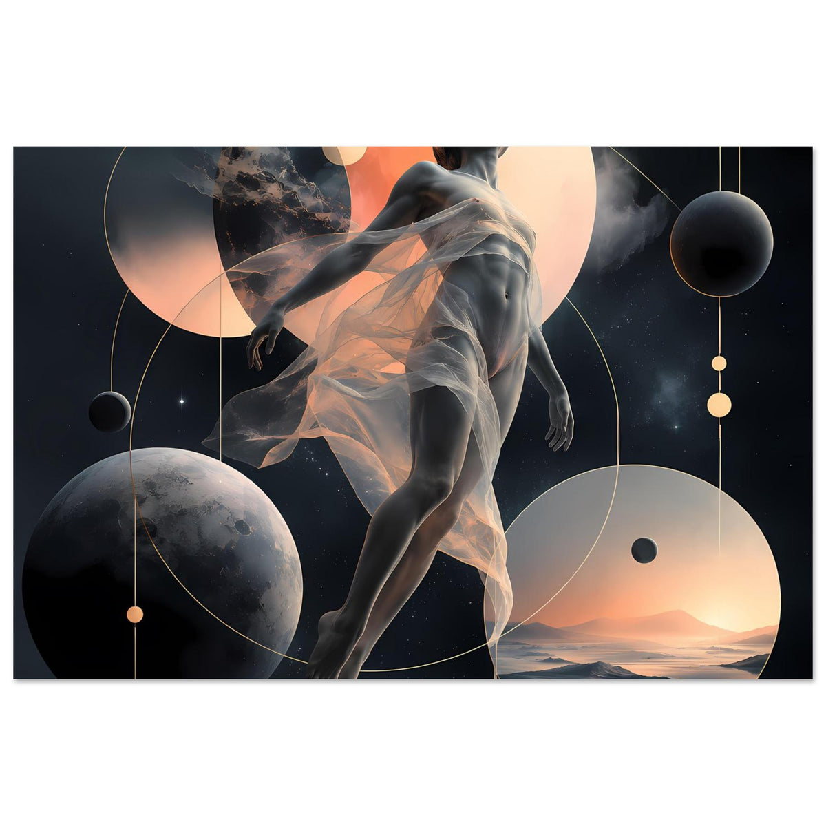 Horizontales Poster: Astralfigur, Planeten, Kreislinien und ruhige Farbverläufe im Dunkel