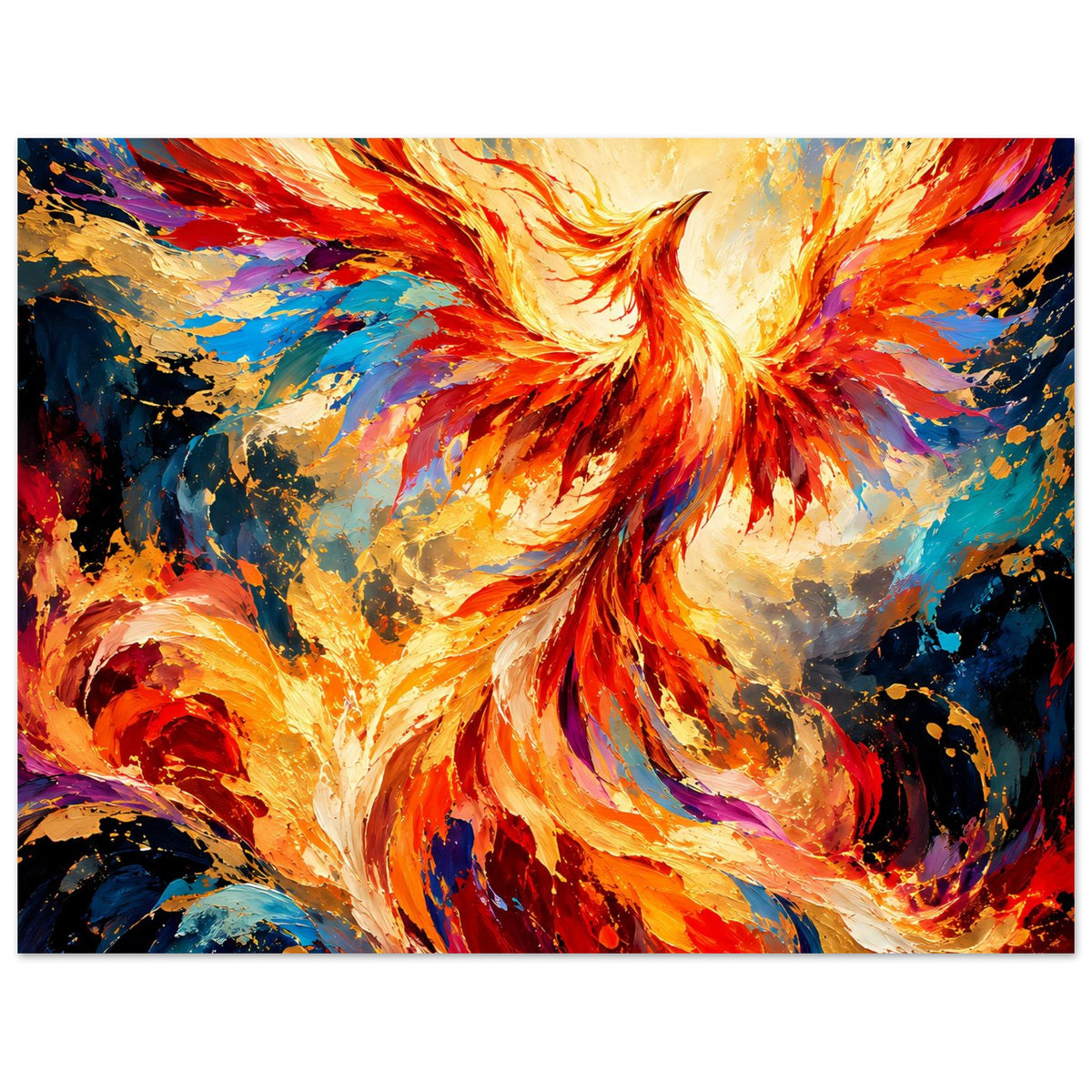 Horizontales Poster mit leuchtendem Phönix, orange-goldene Flammenfedern und blaue Farbakzente