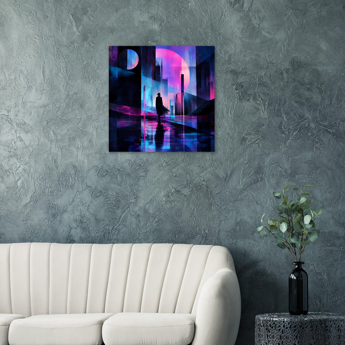 Quadratisches Poster mit futuristischer Neon-Nachtlandschaft in Blau, Lila und Pink