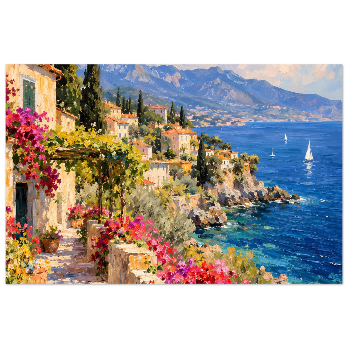 Mediterranes Küstenposter (Querformat): Uferhäuser, blühende Blumen, blaues Meer und Berge