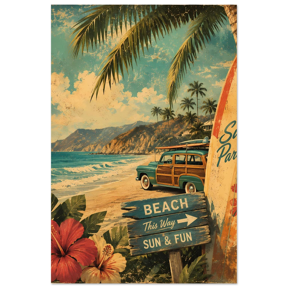 Vintage Beach-Poster im Hochformat: Surfbrett rechts, VW-Bus, Palmen und Text „Surf Paradise“