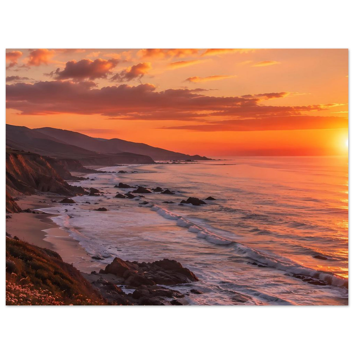 Poster im Querformat mit Sonnenuntergang an der Küste, orangefarbener Himmel, Strand und Felsen