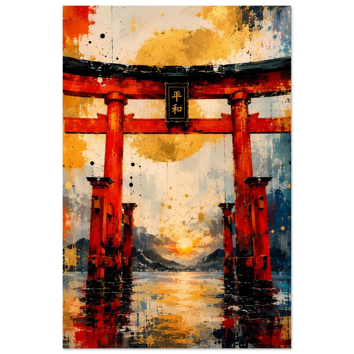Torii-Tor Poster im Hochformat: rote Säulen, schwarzes Dach, abstrakter Himmel und Bodenreflexe