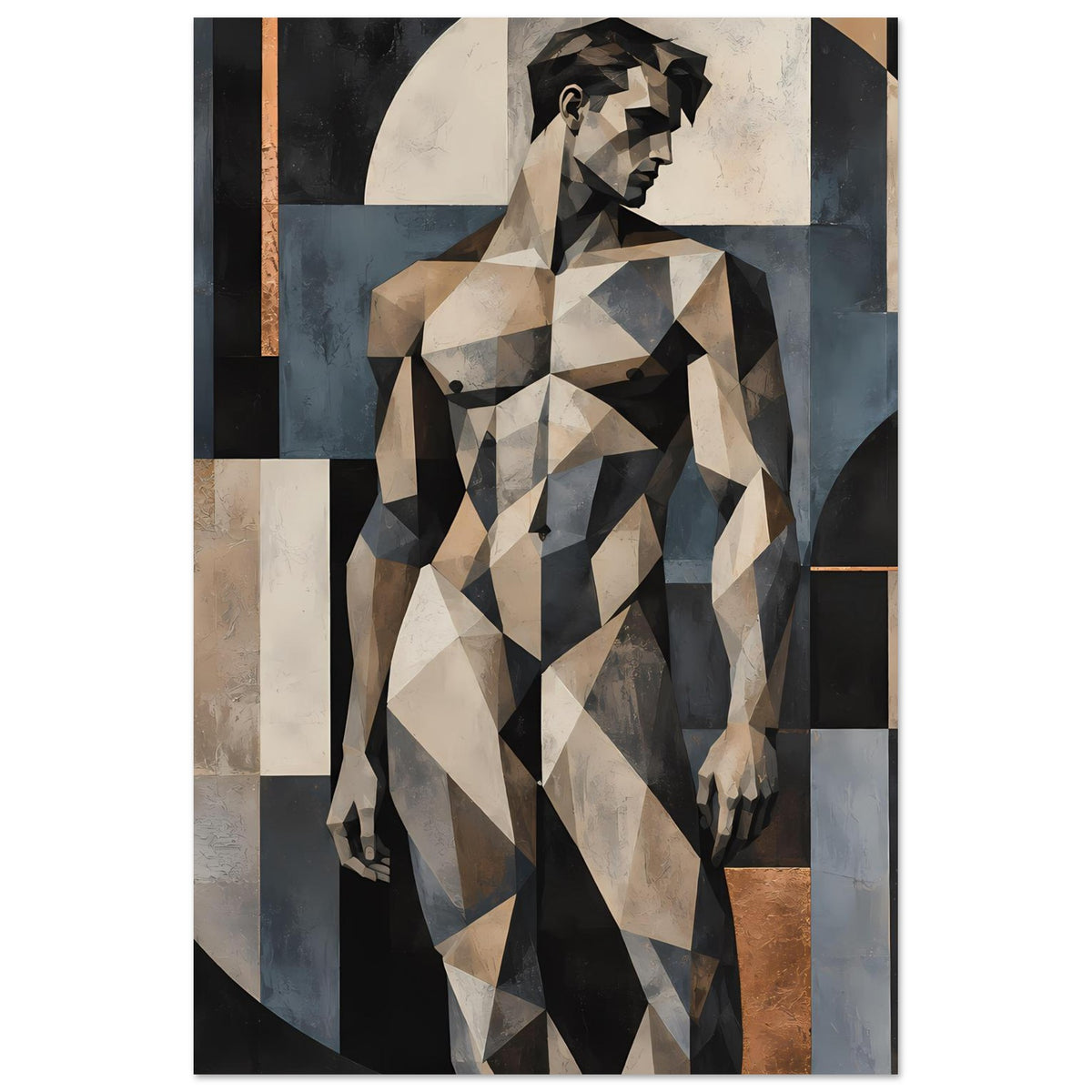 Kunstposter mit geometrischer Aktfigur, Halbprofil, kontrastreiche Dreiecksflächen in warmen Farben.