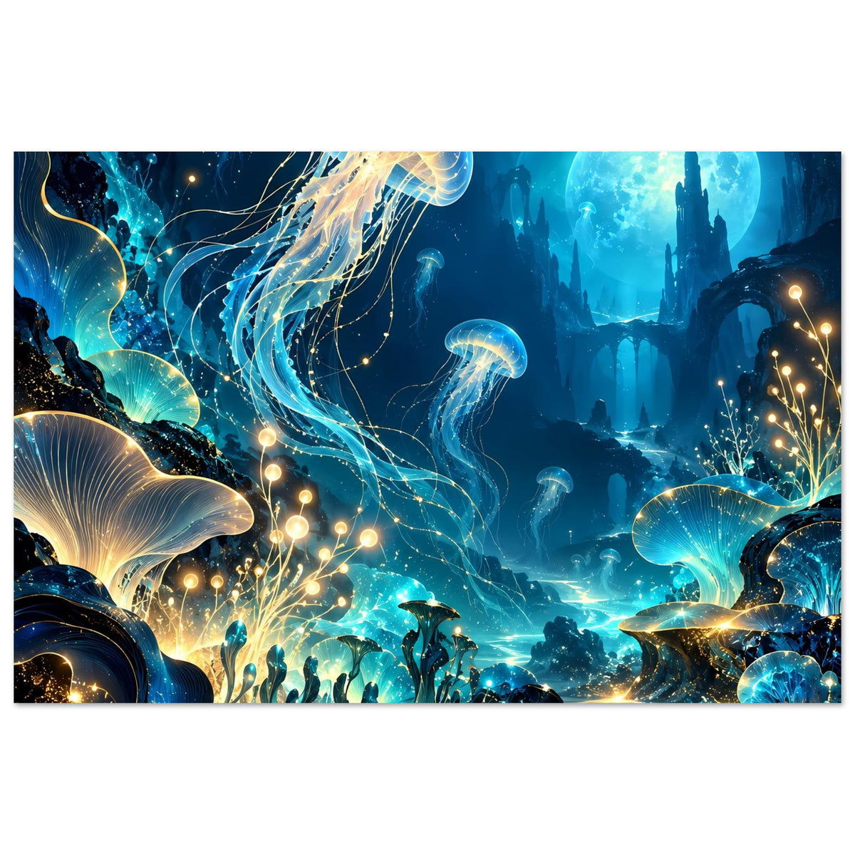 Unterwasserwelt-Poster, rechteckig: leuchtende Qualle, blaues Riff und goldene Funken